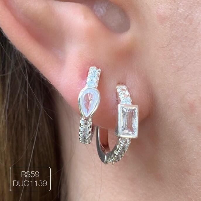 Duo Argola Gota + Argola Baguete Cravejadas Cristal Prateada